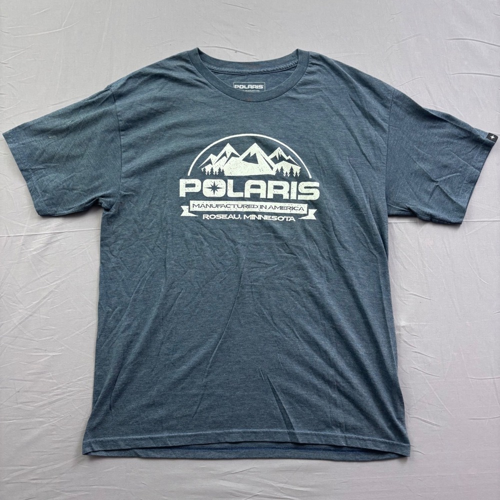 Polaris Mens Large Blue Heather Graphic T-Shirt Roseau Minnesota Mountain Logo